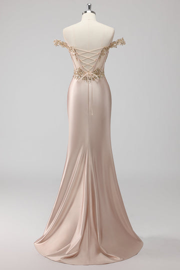 Sparkly Champagne Off the Shoulder Corset Appliqued Formal Dress with Slit